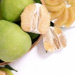 Fresh Pomelo Pummelo Grapefruit Shaddock White Cement Background Bamboo Basket Autumn Seasonal Fruit Top View Flat Lay Tabletop Shot