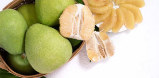 Fresh Pomelo Pummelo Grapefruit Shaddock White Cement Background Bamboo Basket Autumn Seasonal Fruit Top View Flat Lay Tabletop Shot